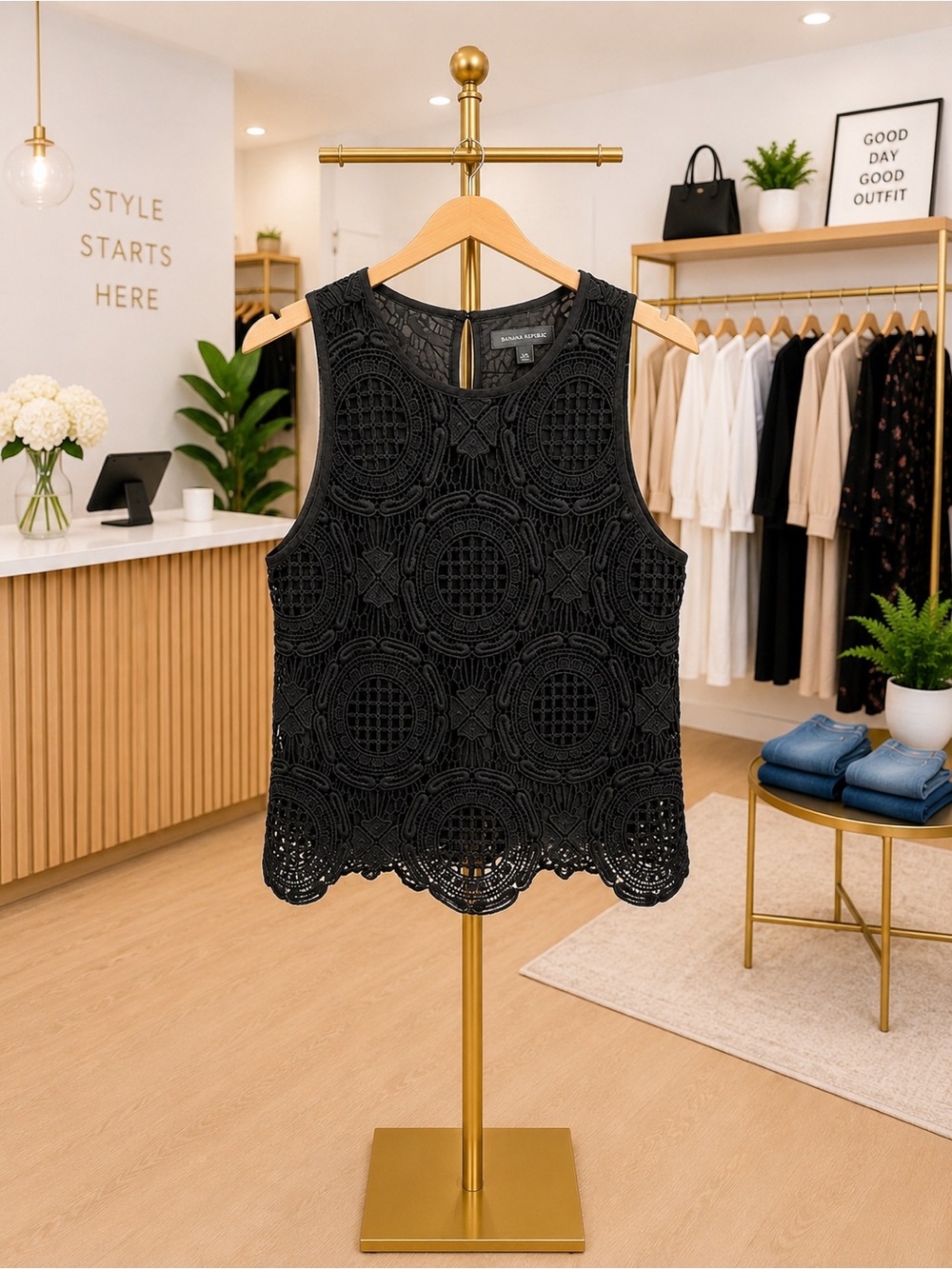 NWOT Banana Republic Black Crochet Lace Sleeveless Shell Top